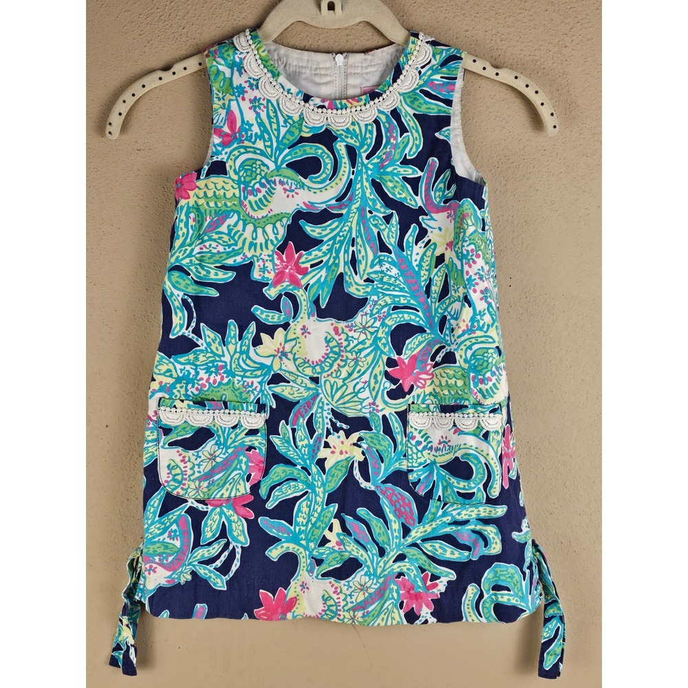 Lilly‎ Pulitzer Girls Blue Green Elephant Print Shift Dress 5